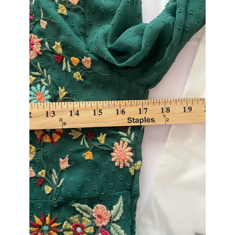 Zara Trafaluc Green Embroidered Floral Swiss Dot Boho Mini Dress Womens Medium - Picture 5 of 5